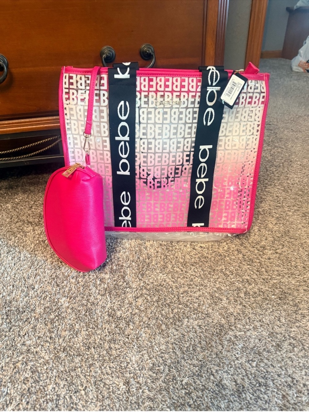 bebe Pink Clear Logo Tote with Black Strap and Removable Pink Pouch